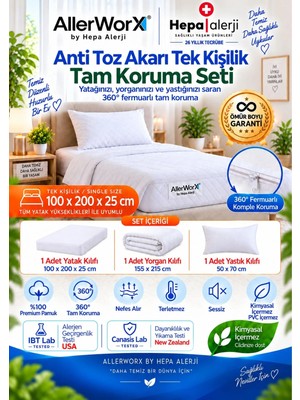 Allerworx Anti Alerjik Anti Akar Tek Kişilik Tam Koruma Seti 100x200x25 cm Yorgan Kılıflı %100 Pamuk Ömür Boyu Garantili
