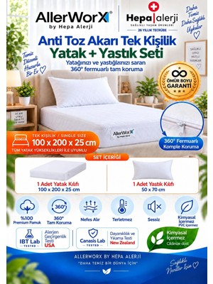 Allerworx Anti Alerjik Anti Akar Tek Kişilik Yatak ve Yastık Kılıfı Seti 100x200x25 cm %100 Pamuk Ömür Boyu Garantili