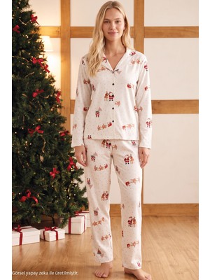 Siyah İnci Ekru Yılbaşı Temalı Desenli Termal Kumaşlı Ultra Soft Yumuşak Düğmeli Örme Pijama Takımı 26226825
