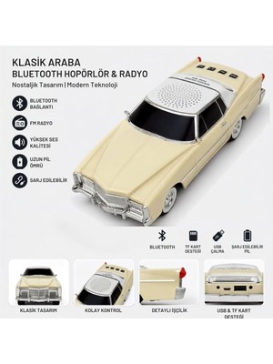 Buffer® Retro Amerikan Klasik Araba Bluetooth Hoparlör, Işıklı Nostaljik Radyo ve Kablosuz Müzik Çalar