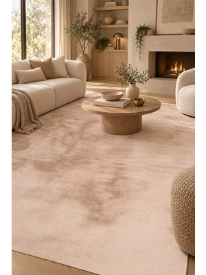 Ally Carpet Ganis Kaos Peluş Hisli Bej Kaymaz Tabanlı Ekstra Yumuşak Kabartmalı Tüy Dökmez Yüksek Havlı Halı