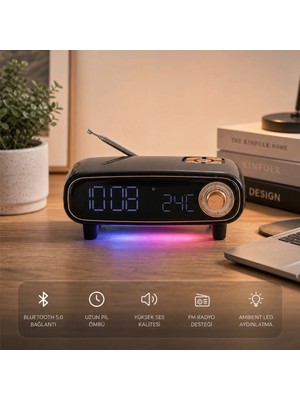 Buffer® retro Bluetooth Hoparlör, Fm Radyo, LED Işıklı Dijital Masa Saati ve Termometre, Çok Fonksiyonlu Kablosuz Masa Üstü Müzik Çalar