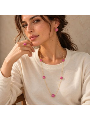 Eos Kolektif Pembe Jade Doğal Taşlı Kolye Küpe Yüzük Üçlü Takı Seti