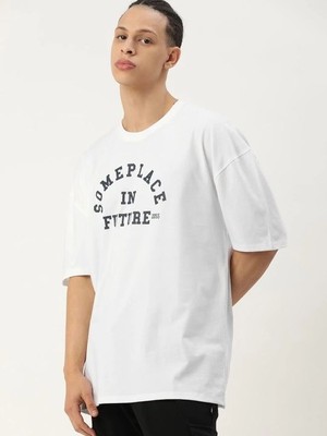 Walkies Erkek Kısa Kol Yazlık Tişört Bisiklet Yaka Baskılı Oversize T-Shirt - Beyaz
