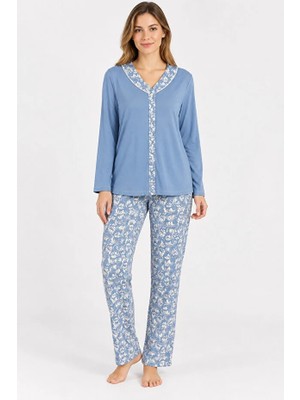 Nena %100 Pamuk Uzun Kol Önden Düğmeli Kadın Pijama Takım 1491
