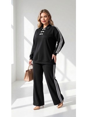 Koza Butik Kadın Büyük Beden Uzun Kollu Polo Yaka Yan Şeritli Eşofman Takımı 8306-27