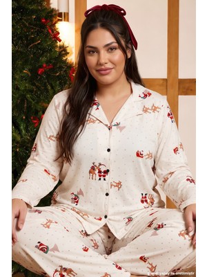 Siyah İnci Ekru Yılbaşı Temalı Termal Kumaşlı Ultra Soft Yumuşak Büyük Beden Battal Boy Düğmeli Örme Pijama Takımı 26226531