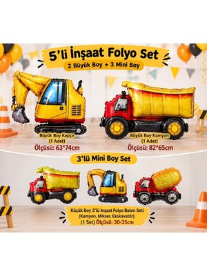 Çavuş E-Ticaret Inşaat Temalı Folyo Balon Seti Iş Makineleri Excavator Kepçe Mikser Kamyon 5li Folyo Balon Seti