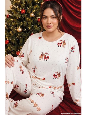 Siyah İnci Ekru Yılbaşı Temalı Termal Kumaşlı Ultra Soft Yumuşak Büyük Beden Battal Boy Örme Pijama Takımı 26226729