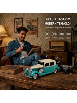 Buffer® Retro Klasik Araba Bluetooth Hoparlör, Işıklı Nostaljik Radyo, Yuvarlak Far Detaylı Kablosuz Müzik Çalar