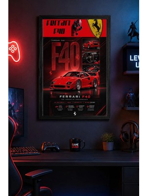 Charmbi Ferrari F40 Siyah Çerçeveli Modern Duvar Tablosu Özel Kaplama Poster 15X21 | 21X30 | 30X42