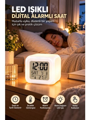 Epilons Dijital Ekranlı Küp Saat LED Işıklı Alarm ve Sıcaklık Göstergeli