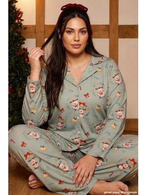 Siyah İnci Yeşil Yılbaşı Temalı Termal Kumaşlı Ultra Soft Yumuşak Büyük Beden Battal Boy Düğmeli Örme Pijama Takımı 26226530