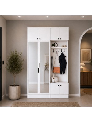 Rani Mobilya Rani EA166 Modern Portmanto 8 Kapaklı Aynalı Raflı Askılı Ayakkabılık Vestiyer Beyaz