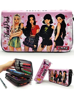 Store Kalem Kutusu Black Pink Organizer Kalemkutu Vegan Deri Üç Bölmeli Kalemlik-Siyah
