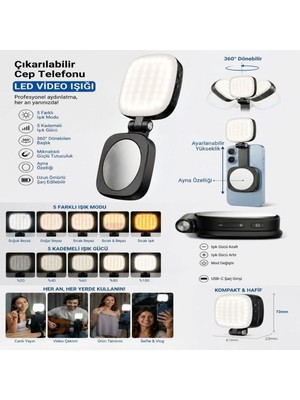 Buffer® Çıkarılabilir Ayna Özellikli Manyetik Cep Telefonu LED Video Işığı, 5 Farklı Işık Modu ve 5 Kademeli Işık Gücü Ayarlı Işık