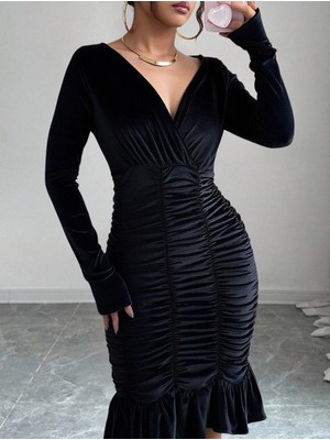 Mass Fashion Kadın Büzgü Detaylı Kadife Elbise