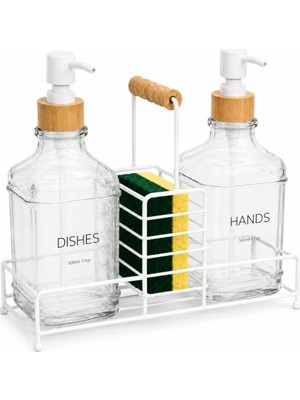 Pratik Ev Ikili Cam Sıvı Sabunluk ve Deterjanlık Seti - 2 Adet 500 ml Pompalı Cam Şişe - Bambu Kulplu Metal Stand - Sünger Hazneli Mutfak Banyo Tezgah Üstü Sabun Dispenseri - Beyaz