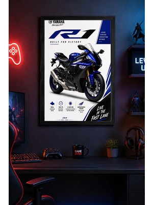 Charmbi Yamaha R1 Ahşap Çerçeveli Poster Hediyelik Duvar Tablosu Premium Baskı 15X21 | 21X30 | 30X42