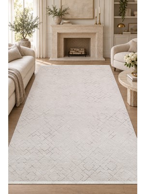 Ally Carpet Atrum Peren Beyaz Özel Ölçü Salon Oturma Odası Halısı Akrilik Robot Süpürge Uyumlu Kolay Temizlenebi