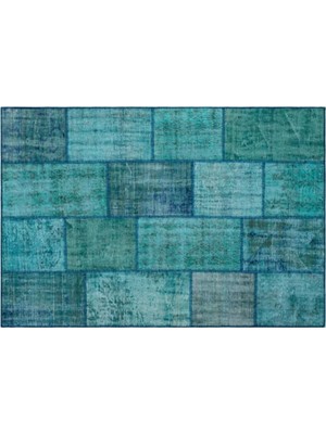 Apex Halı El Dokuması Patchwork Vintage Yün-Pamuk Turkuaz Halı 26432 160 x 230 cm