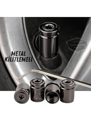 Pratik Ev Kilitlemeli Sibop Kapağı Alyanlı Sibop Kapağı Araba Motosiklet Bisiklet Metal Sıkmalı Siyah 4'lü Set