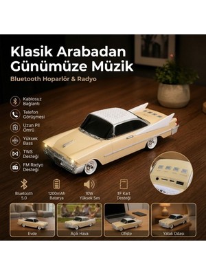 Buffer® Retro Klasik Araba Bluetooth Hoparlör, Işıklı Nostaljik Radyo, Uzun Gövdeli Klasik Otomobil Tasarımlı