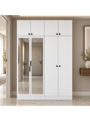 Rani Mobilya Rani EA177 Modern Portmanto 8 Kapaklı Aynalı Raflı Askılı Ayakkabılık Vestiyer Beyaz