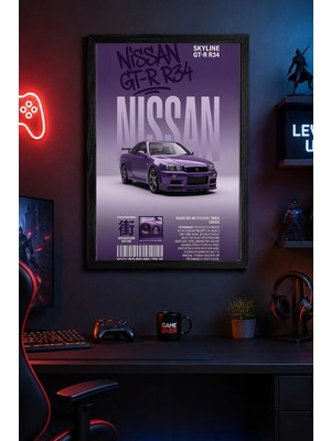 Charmbi Nissan Gt-R R34 Siyah Çerçeveli Modern Duvar Tablosu Özel Poster 15X21 | 21X30 | 30X42