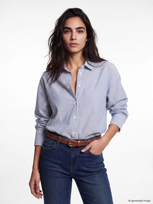 Lc Waikiki Yeni Sezon Lacivert Çizgili Oversize Oxford Kadın Gömlek