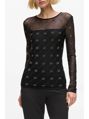 Karl Lagerfeld Mesh Rhinestone Lslv Top Women's Blouse Black