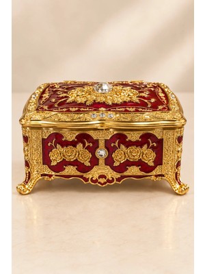 Rasha Collection Kırmızı Gold Işlemeli Gül Desenli Kapaklı Takı Kutusu Küçük Boy