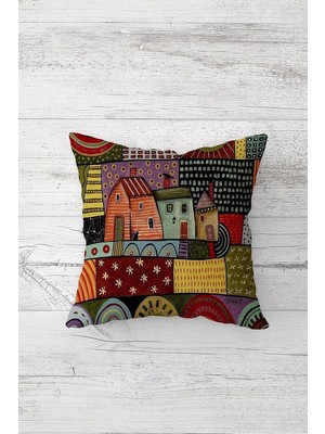 Pelangi Yaz Evi Desenli Çift Tarafı Baskılı Gizli Fermuarlı Yastık Kılıfı Kırlent Koltuk Yastık Kılıfı, Karışık Renkli 45 x 45