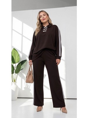 Koza Butik Kadın Büyük Beden Uzun Kollu Polo Yaka Yan Şeritli Eşofman Takımı 8306-27