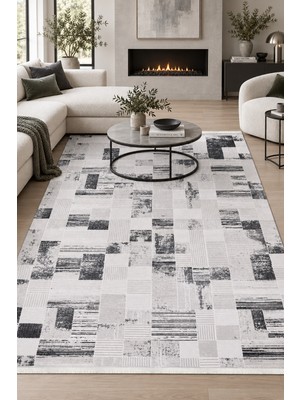 Ally Carpet Paloma Bozca Krem Antrasit Özel Ölçü Salon Oturma Odası Koridor Halısı Robot Süpürge Uyumlu Kolay Te