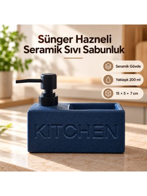 PratikBir Sünger Hazneli Seramik Sıvı Sabunluk - Mavi