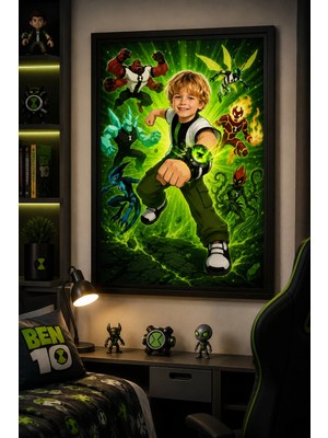 Charmbi Kişiye Özel BEN10 Temalı Siyah Ahşap Çerçeveli Poster Dijital Baskı Tablo 15X21 | 21X30 | 30X42