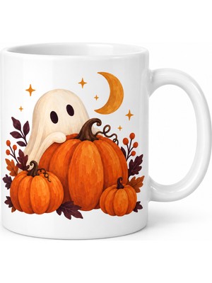 Timion Sevimli Hayalet ve Balkabağı Tasarımlı Porselen Kupa - Halloween Teması - Model 261 Lütfen Ala