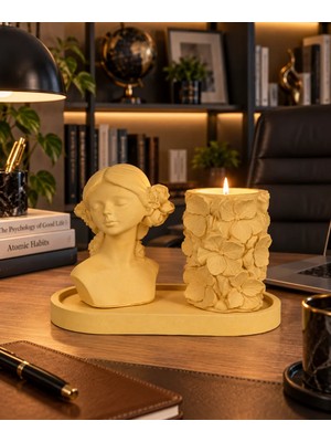  Helen Çiçekli Mumluk 3lü Set Oval Tepsili Minimal Dekor