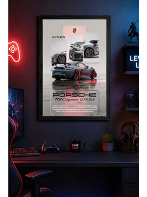 Charmbi Porsche 718 Cayman GT4RS Siyah Ahşap Çerçeveli Poster Dijital Baskı Tablo 15X21 | 21X30 | 30X42