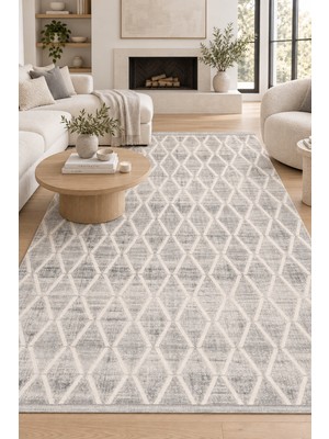 Ally Carpet Akifer Bamba Modern Gri Salon Oturma Odası Halısı Robot Süpürge Uyumlu Kolay Temizlenebilir Triko Ak