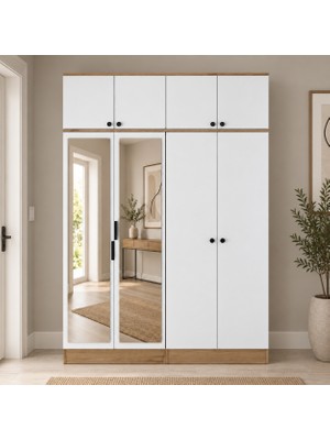 Rani Mobilya Rani EA177 Modern Portmanto 8 Kapaklı Aynalı Raflı Askılı Ayakkabılık Vestiyer Sepet Ceviz - Beyaz
