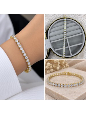 Fm 💎 Premium Parlak ve Şık Gold Renk Zirkon Taşlı Su Yolu Kadın Bileklik (~20cm)