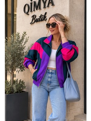 Qimya Butik Keyymod Kadın 80'ler Renk Bloklu Oversize Renkli Mont