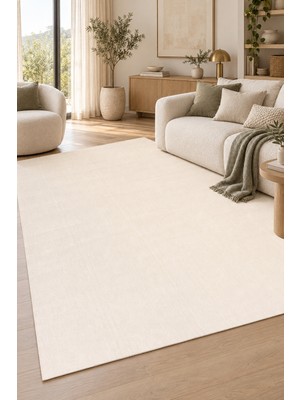Ally Carpet Atran Ebron Krem Peluş Halı Kaymaz Tabanlı Yıkanabilir Modern Yumuşak Salon Mutfak Antre Oturma Odas