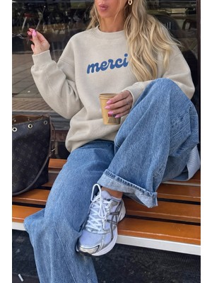 Monila Kadın Premium Kumaş 3 Iplik Şardonlu Merci Baskılı Sweatshirt