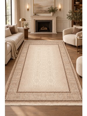 Ally Carpet Rukay Ornata Geleneksel Desenli Modern Vizon Kahve Oturma Odası Salon Robot Süpürge Uyumlu Kolay Tem