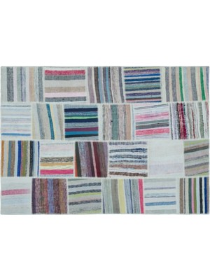Apex Halı El Dokuması Patchwork Vintage Yün-Pamuk Çizgili Halı 25471 160 x 225 cm
