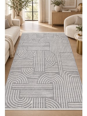 Ally Carpet Mekan Rilke Özel Ölçü Gri Beyaz Kaymaz Taban Yıkanabilir Robot Süpürge Uyumlu Oturma Odası Koridor H