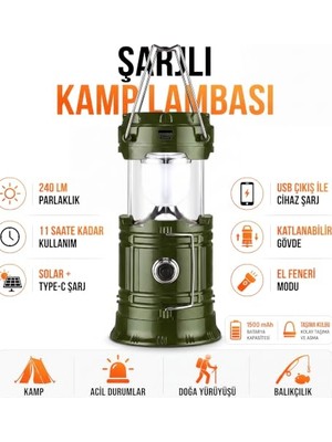Pratik Ev 3 Fonksiyonlu Şarjlı Solarlı Kamp Lambası El Feneri Powerbank Özellikli Taşıma Kulplu Haki 5800T